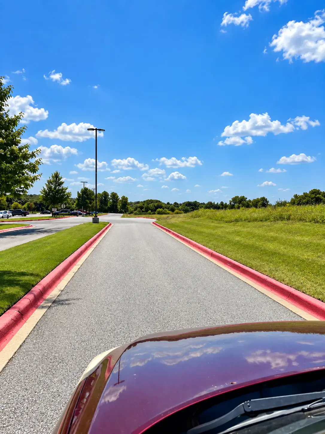 Mown turf strips either side of an asphalt drive with red-painted curbs